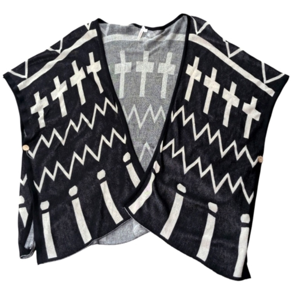 Black and Cream Patterned Open Front Shawl Oversized Medium